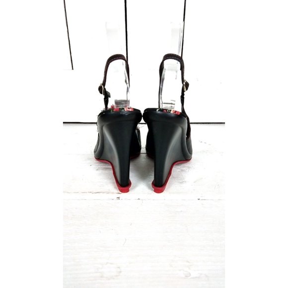 Vintage Nine West black leather open toe wedge floral rosette slingback heel san - Picture 7 of 8